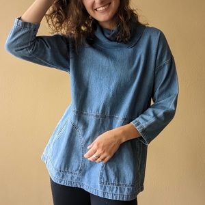 light wash denim turtleneck sweatshirt